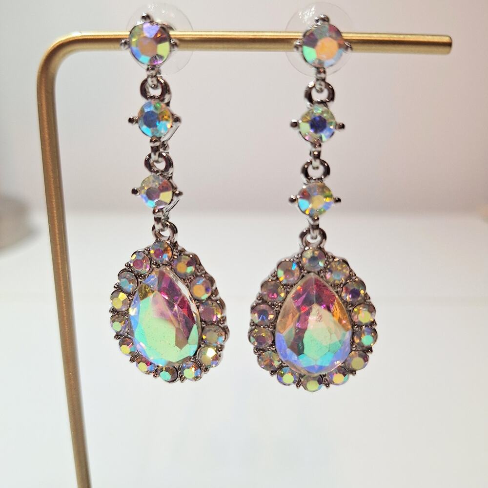 Statement Earrings AB Rhinestones Dangle LG Oval Stone Sm Stones Posts